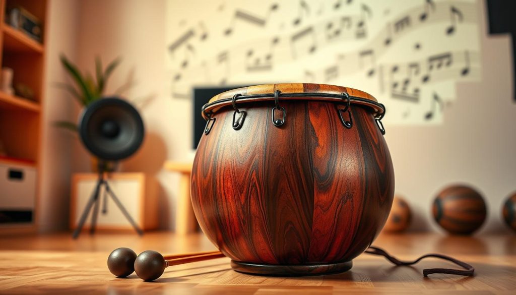 A beautifully crafted technique tongue drum sits prominently in the foreground, showcasing its polished wooden surface with intricate carvings and vibrant colors. The drum is equipped with a set of mallets resting beside it, emphasizing its musical nature. In the middle ground, a soft-focus background features a serene home studio environment, with musical notes subtly projected on the walls, creating an inspiring atmosphere. Warm, diffused lighting highlights the textures of the drum, casting gentle shadows that evoke a sense of calm and creativity. The overall mood is inviting and peaceful, encouraging both beginners and experienced players to explore the art of drumming. The image is framed with a slight top-down perspective, enhancing the visual appeal and making it perfect for illustrating the techniques of playing this captivating instrument.