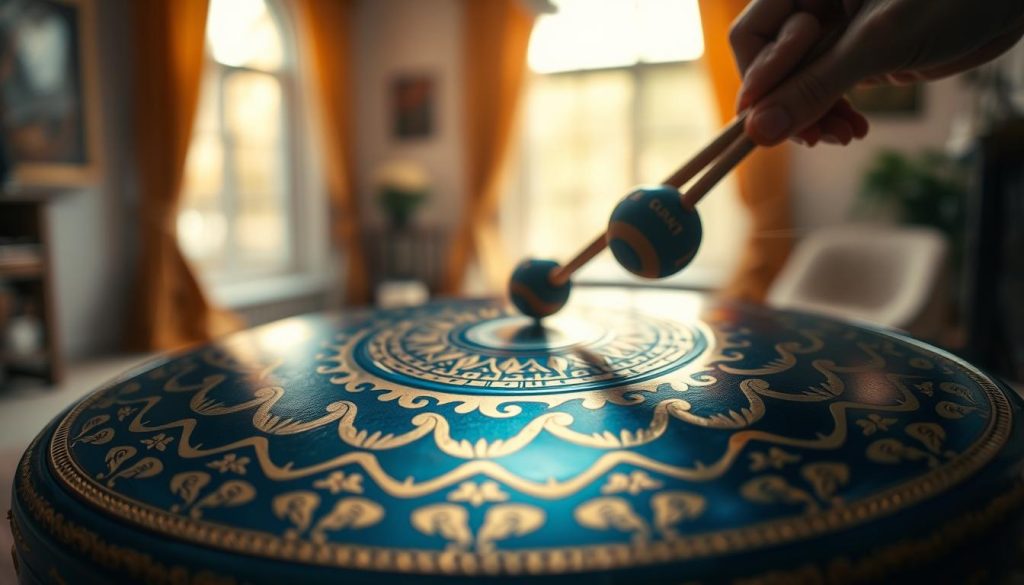 A close-up view of a beautifully crafted tongue drum, showcasing its metallic surface with intricate designs and the vibrant colors of blue and gold. In the foreground, a pair of hands gently strikes the drum with mallets, creating a visual representation of sound waves emanating from its surface. The middle ground features subtle vibrations depicted as wavy lines or ripples, emphasizing the acoustic functioning of the instrument. In the background, a softly blurred interior of a serene music room filled with warm, natural light filtering through a window. The mood is tranquil and inspirational, evoking a sense of calmness and harmony. Use a shallow depth of field to enhance focus on the drum and hands, with soft, inviting lighting to highlight the textures and details.
