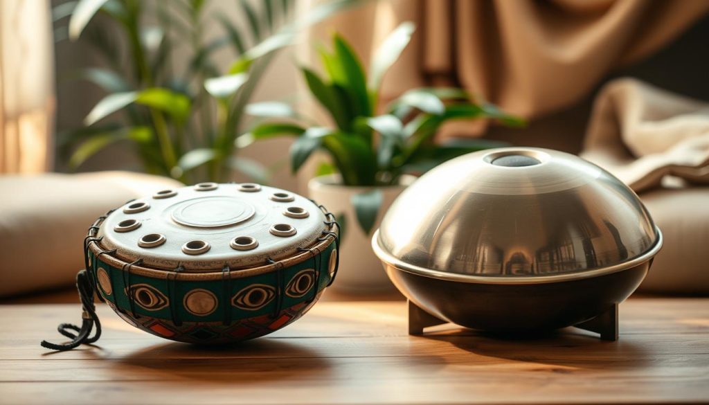 A cozy indoor setting showcasing a tongue drum and a handpan side by side on a wooden surface, capturing their unique designs and craftsmanship. The tongue drum, with its colorful, carved surface and circular indents, is resting slightly to the left, while the handpan, with its metallic sheen and smooth, domed shape, is positioned to the right. Soft, warm lighting illuminates the instruments, casting gentle shadows that highlight their textures. In the background, a blurred view of green plants and soft textiles creates a peaceful atmosphere, emphasizing the meditative qualities of both instruments. The lens angle is slightly above eye level, providing a clear view of both instruments, inviting the viewer to explore the differences between them in this tranquil setting.