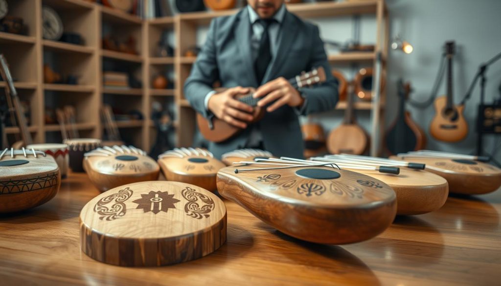 A serene, well-lit studio setting showcasing a variety of tongue drums arranged invitingly on a polished wooden table. In the foreground, a close-up view of a beautifully crafted tongue drum with intricate designs carved into its surface, highlighting its craftsmanship and musical components. The middle section features hands of a musician, dressed in professional attire, gently playing different tongue drums, demonstrating technique and engagement with the instruments. The background includes softly blurred shelves filled with other musical instruments, creating a warm and inviting atmosphere. Soft, diffused lighting enhances the textures of the drums, evoking a sense of peace and creativity, perfect for selecting the right instrument. The overall mood is inviting and informative, encouraging exploration and appreciation of musical craftsmanship.