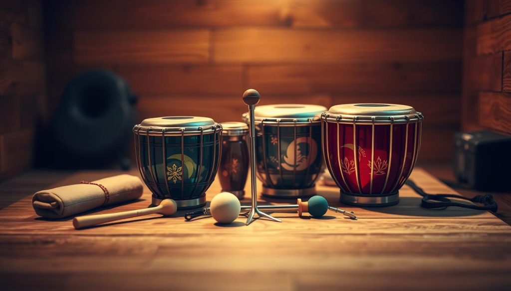 A beautifully arranged accessories display featuring a tongue drum, showcasing different sizes and colors, positioned prominently in the foreground. The tongue drum glimmers under soft, warm lighting that highlights its metallic surface, revealing intricate designs hand-painted on its body. In the middle ground, various drum mallets and other essential accessories, like a tuning fork and a small carrying case, are positioned artfully around the tongue drum. The background is softly blurred, suggesting a cozy practice space with wooden textures and gentle ambient lighting, creating an inviting and warm atmosphere. The overall composition evokes a sense of serenity and encourages creativity, perfect for beginners eager to embrace music.