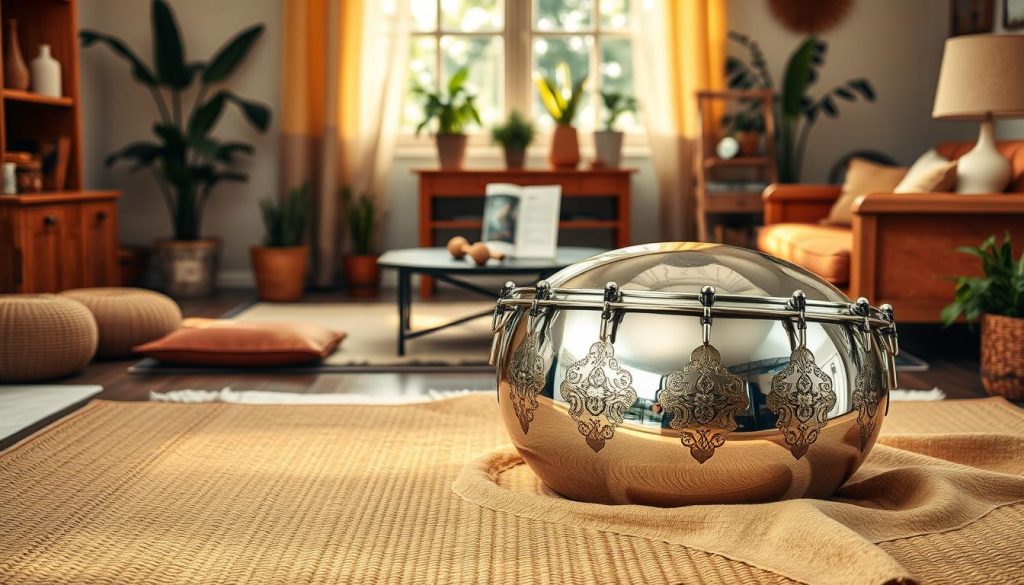 A beautifully arranged setting featuring a tongue drum, placed prominently in the foreground. The drum, made of polished metal with intricate designs, is surrounded by soft, natural materials, like a woven mat or cushions. In the middle, a cozy workspace is presented, with a small table holding mallets and sheet music. The background showcases a well-lit, serene room with warm wooden furniture, plants for a touch of nature, and calming decor. Soft, warm lighting streams in through a window, creating a peaceful atmosphere ideal for practice. The scene evokes a sense of focus and tranquility, inviting beginners to prepare their space for learning the art of the steeldrum.