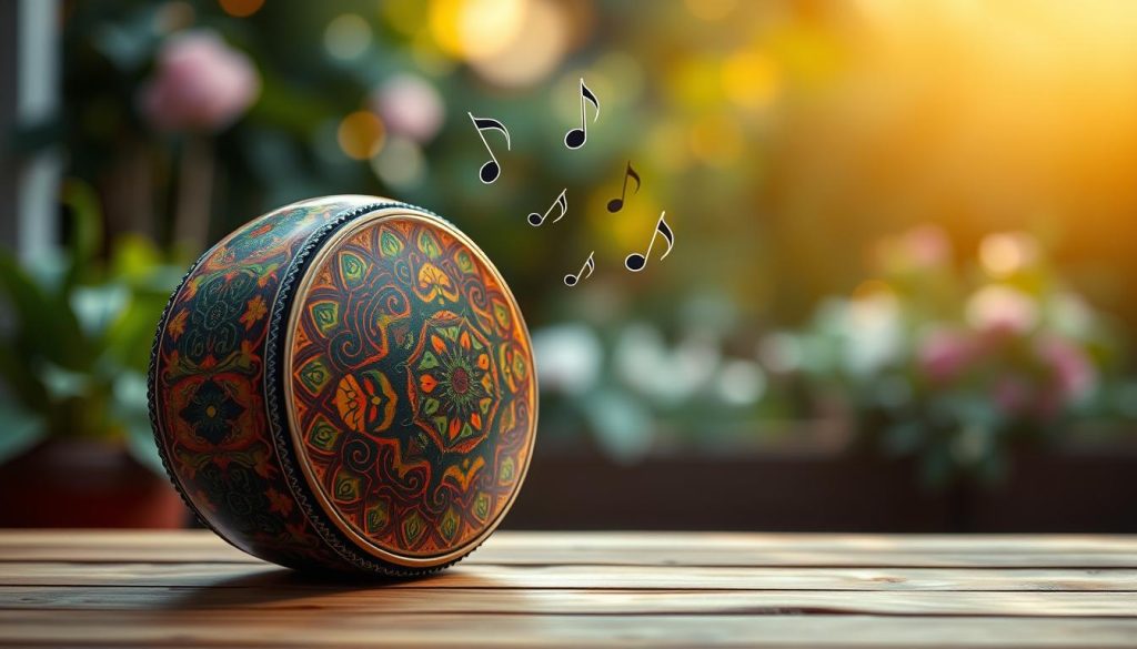 A beautifully crafted gamme pentatonique tongue drum, featuring an array of intricate patterns and vibrant colors on its surface, rests on a natural wooden table in the foreground. The drum is angled slightly to showcase its alluring curves and the resonant tones it produces. In the middle ground, there are musical notes gently floating around the drum, symbolizing the harmony it creates. Soft, warm lighting bathes the scene, creating a serene and inviting atmosphere, reminiscent of a peaceful outdoor setting. The background fades gently into a blurred garden scene, with hints of greenery and soft bokeh lights that evoke a sense of tranquility and connection to nature, encouraging a relaxing musical experience.
