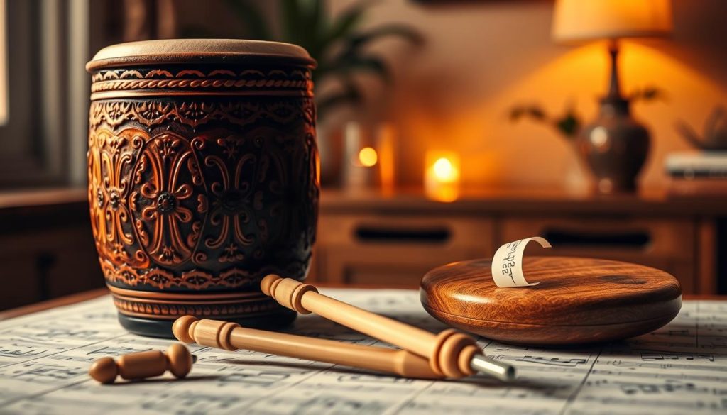 A beautifully crafted mailloche tongue drum is prominently displayed in the foreground, showcasing its smooth, polished surface with intricate carvings and vivid colors. Two elegant mailloches, made from natural wood and featuring soft, padded tips, rest beside the drum, inviting use. In the middle ground, the soft glow of warm ambient lighting highlights the textures of the drum and the mailloches, creating a calming atmosphere. In the background, a peaceful, softly blurred room setting reveals musical notes gently scattered on the surface of a nearby table, adding to the musical theme without distraction. The overall mood is serene and inviting, perfect for learning and creating music. The image is captured from a slightly elevated angle, enhancing the depth and engaging composition while focusing solely on the beauty of the tongue drum and its accessories.