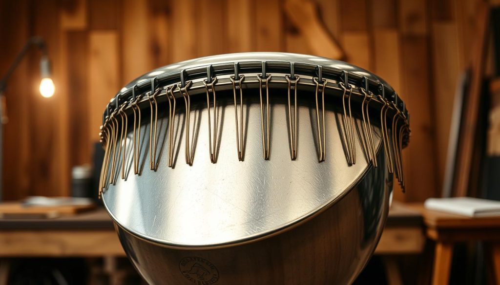 A beautifully crafted steel tongue drum displayed prominently in the foreground, showcasing its shimmering metallic surface and intricate, hand-tuned tongues. The drum is set against a softly blurred wooden workshop background filled with warm, natural lighting, highlighting the craftsmanship involved in its creation. Subtle shadows create depth and dimension, emphasizing the drum's curves and fine details. A gentle light source emits from the left side, casting a inviting glow that enhances the metallic finishes. In the middle ground, artisan tools are subtly arranged, hinting at the crafting process, while the background remains serene, evoking an atmosphere of tranquility and inspiration in music-making. The overall mood is calm, encouraging an appreciation for the beauty of handmade musical instruments.