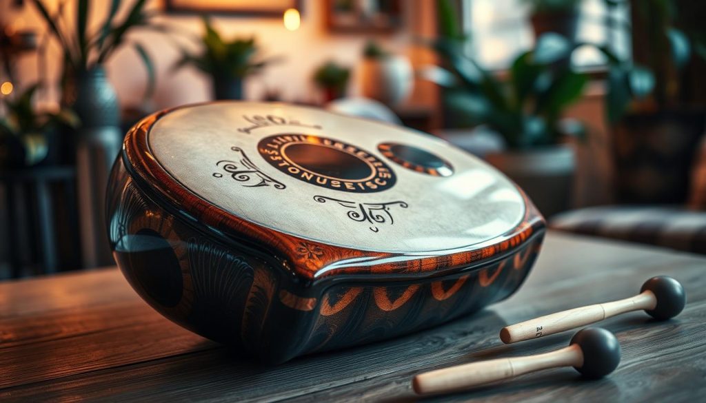 A beautifully crafted steel tongue drum resting on a wooden table, showcasing its intricate design and a glossy finish. The drum features several distinct tonal areas, each marked with elegant engravings and painted in rich, vibrant colors, symbolizing its various tonal ranges. The foreground emphasizes the textured surface of the drum, capturing the reflections of soft, ambient light. In the middle ground, a pair of mallets lie nearby, hinting at the upcoming music creation. In the background, there are soft-focus elements of a cozy room adorned with plants and warm-toned lighting, creating a calm and inviting atmosphere. The overall mood is serene and artistic, perfect for an exploration of musical diversity.