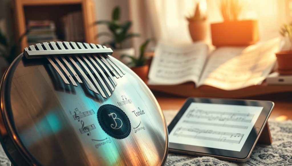 A beautifully crafted steel tongue drum sits prominently in the foreground, showcasing its smooth, reflective surface with intricate, engraved notes and patterns. The drum is slightly tilted, catching soft, warm ambient light that highlights its metallic sheen and the varied colors of the drum scales—blues, greens, and purples—suggesting creativity and harmony. In the middle ground, a digital tablet rests nearby, displaying simplified musical notation, emphasizing the learning aspect of playing the instrument. The background features a softly blurred, cozy home studio setting, adorned with musical sheets and a few potted plants, creating a serene and inviting atmosphere. The lighting is natural and warm, giving the whole scene an inspiring and motivational vibe.