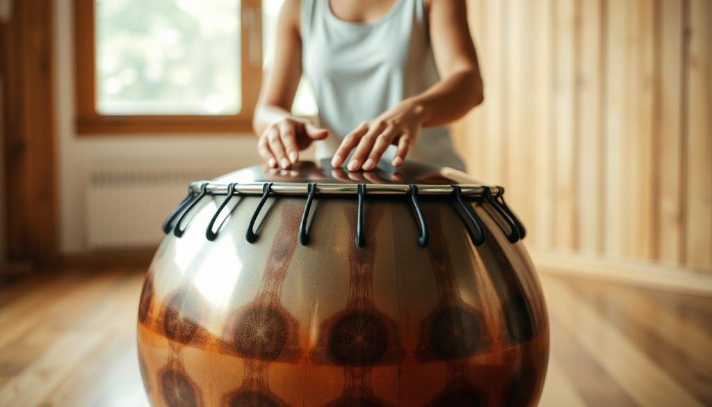 A beautifully crafted steel tongue drum sits prominently in the foreground, showcasing its smooth, metallic finish and intricate, hand-tuned tones. The drum’s curved surface reflects soft, diffused lighting that highlights its rich colors and unique markings. In the middle ground, a pair of hands gently strike the drum’s surface, emphasizing its melodic qualities and inviting interaction. The background features a serene, wooden studio space with soft natural light filtering through a window, creating a warm and inviting atmosphere. The overall mood is tranquil and contemplative, perfect for illustrating the unique position of the steel tongue drum among percussion instruments. The composition is captured with a shallow depth of field to keep focus on the drum while maintaining a soft blur of the background details.