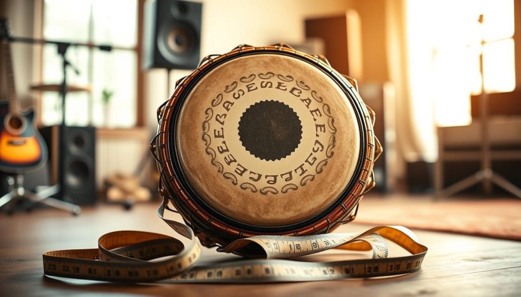 A beautifully crafted tongue drum, showcasing its intricate design and gleaming finish, placed prominently in the foreground. The drum is made of multicolored metal, reflecting the light with soft glimmers. In the middle ground, a measuring tape curls around the base of the drum, highlighting its dimensions (approximately 18 inches in diameter) and weight (around 5-10 lbs), suggesting practical usage. The background features a softly blurred music studio environment, with gentle natural lighting filtering through a window, creating a warm and inviting atmosphere. The overall mood is calming and serene, evoking the peaceful soundscapes produced by the tongue drum, making it suitable for personal use or therapy. The scene is captured at a slightly elevated angle to emphasize the drum's unique shape and craftsmanship, free of any text or distractions.