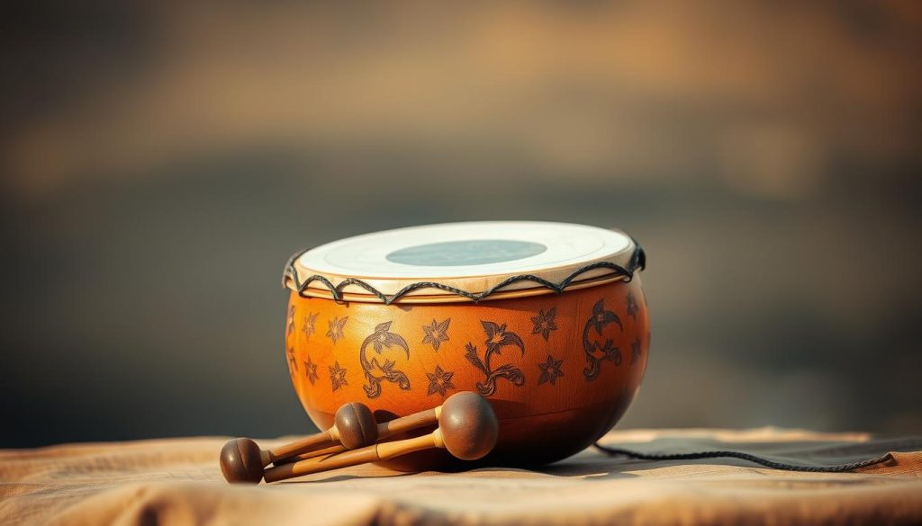 A beautifully crafted tongue drum sits prominently in the foreground, showcasing its rich wooden texture and smooth, inviting surface. The drum features intricate, artisan carvings along its edges, reflecting cultural designs that evoke warmth and craftsmanship. In the middle ground, a pair of mallets rests gently beside the drum, highlighting its functionality. The backdrop is softly blurred, suggesting a calm, serene setting with subtle hues of earthy tones, reminiscent of a peaceful outdoor environment. Warm, natural lighting gently illuminates the scene, casting delicate shadows that enhance the drum's features. The overall mood conveys a sense of tranquility and artistic passion, inviting viewers to appreciate the beauty and craftsmanship of this remarkable musical instrument.