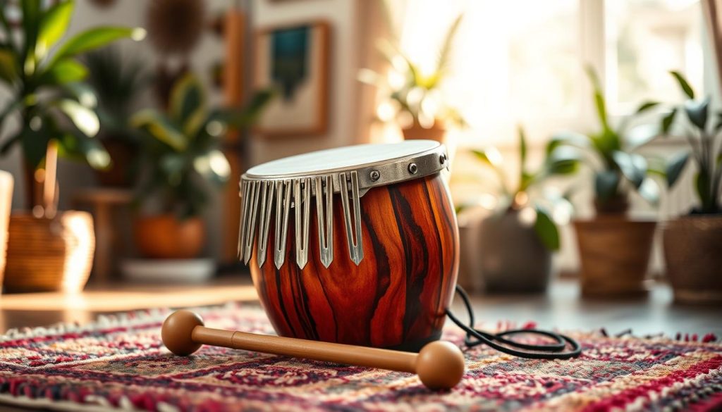 A beautifully crafted tongue drum sits prominently in the foreground, showcasing its vibrant wooden texture and tuned metal tongues. The drum is positioned on a plush, colorful mat, with a pair of wooden mallets resting beside it. In the middle ground, blurred soft natural lighting enhances the rich hues of the drum, while subtle shadows create depth. The background features a serene and inviting room filled with plants and ambient light filtering through a window, suggesting a peaceful musical environment. The overall mood is tranquil and inspiring, encouraging a sense of creativity and exploration in music. Aim for a soft focus with a slight vignette to draw attention to the drum as the central subject.