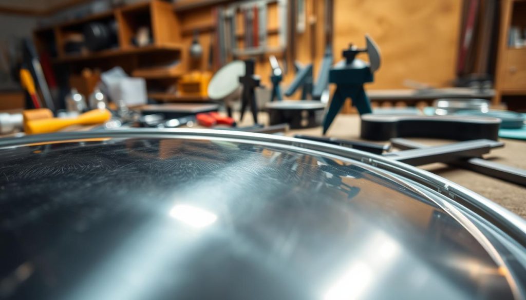 A close-up view of a high-quality steeldrum, showcasing its intricate details and materials. The foreground features the steeldrum, emphasizing its polished steel surface and meticulously crafted grooves, reflecting light beautifully. In the middle ground, various tool instruments and materials used for analysis, such as calipers and magnifying glasses, are artfully arranged. In the background, a softly blurred workshop environment adds depth, with warm, inviting lighting that highlights the craftsmanship. The mood is professional and focused, suggesting a meticulous examination of quality. The angle is slightly tilted to give a dynamic perspective, allowing viewers to appreciate the craftsmanship and materials used in the making of the steeldrum.