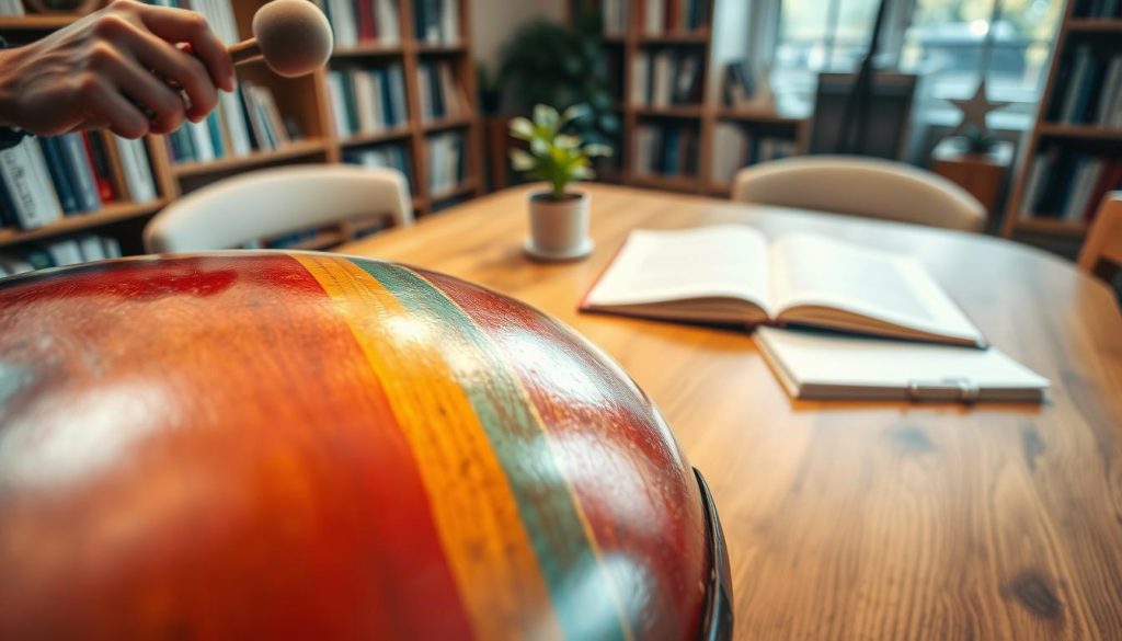 A close-up view of a vibrant, hand-crafted steel tongue drum resting on a natural wooden table. In the foreground, emphasize the intricate details of the drum's surface, showcasing its unique, colorful tones and gentle curves. To the side, a pair of hands delicately striking the drum with mallets, capturing the rhythm-making. In the middle ground, a cozy room filled with warm, soft lighting, perhaps with a small plant and a music notebook open, suggesting a learning atmosphere. The background hints at bookshelves lined with music theory books, enhancing the educational theme. The overall mood is serene and focused, emphasizing the joy of learning music and developing one's ear for rhythm.