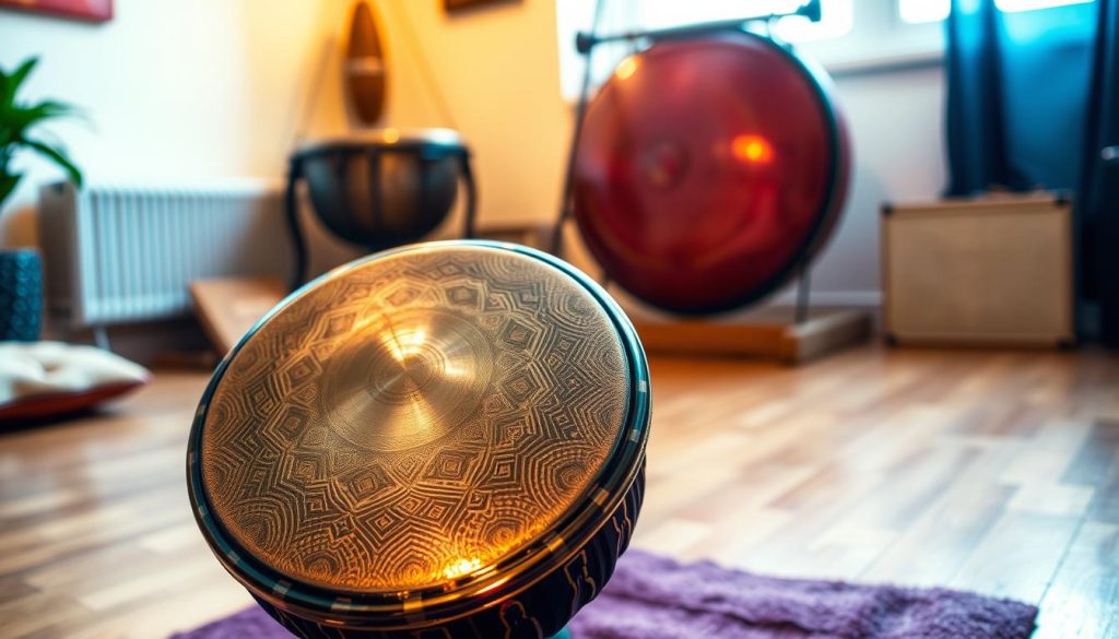 A high-quality image of a beautifully crafted tongue drum, showcasing its intricate patterns and resonant, vibrant colors. The tongue drum should be placed prominently in the foreground, reflecting natural light that enhances its metallic surface and highlights the subtle curves of its design. In the middle ground, include a cozy music room setting with soft wooden flooring and warm ambient lighting, perhaps with a few other percussion instruments like a handpan and hang in the background, slightly blurred to suggest comparison. The atmosphere is inviting and calming, suggesting a space for relaxation and musical exploration. Capture the scene from a slightly elevated angle to provide depth, focusing on the details of both the drum and the surrounding environment.