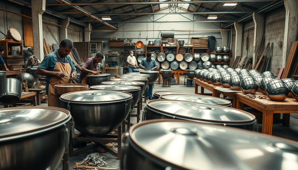 A vibrant workshop scene focused on the meticulous fabrication of steel pans. In the foreground, skilled artisans in modest casual clothing are shaping and tuning steel drums, using traditional tools amidst scattered metal and wooden materials. The middle ground features an array of finished instruments displayed on wooden tables, showcasing their various sizes and finishes that reflect the light. The background reveals an industrial setting with soft overhead lighting that casts gentle shadows, highlighting the craftsmanship involved. The atmosphere is infused with creativity and dedication, emphasizing the diversity and artistry of steel pan production. The composition should capture a close-up perspective with a slight depth of field, drawing attention to the artisans' hands and the intricate details of the steel pans.
