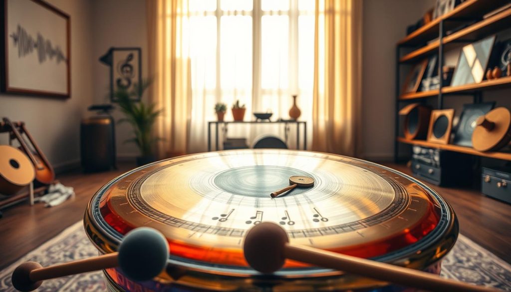 A beautifully crafted frequency tongue drum, made of polished steel with vibrant colors, sits prominently in the foreground. The drum's concave surface catches the light, casting subtle reflections that highlight its intricate tuning notes engraved around the edges. Surrounding it, a few mallets with soft, felt tips lie ready for play. In the middle ground, a serene room is softly illuminated by warm, diffused light filtering through large, sheer curtains, creating a calming atmosphere. On the walls, you can see art depicting sound waves and musical notes, enhancing the ambiance. In the background, shelves lined with various musical instruments complement the scene. The overall mood is tranquil and inviting, reflecting the contemplative nature of exploring musical frequency and tonal precision. The angle is slightly elevated, capturing the drum from a dynamic perspective. A beautifully crafted frequency tongue drum, made of polished steel with vibrant colors, sits prominently in the foreground. The drum's concave surface catches the light, casting subtle reflections that highlight its intricate tuning notes engraved around the edges. Surrounding it, a few mallets with soft, felt tips lie ready for play. In the middle ground, a serene room is softly illuminated by warm, diffused light filtering through large, sheer curtains, creating a calming atmosphere. On the walls, you can see art depicting sound waves and musical notes, enhancing the ambiance. In the background, shelves lined with various musical instruments complement the scene. The overall mood is tranquil and inviting, reflecting the contemplative nature of exploring musical frequency and tonal precision. The angle is slightly elevated, capturing the drum from a dynamic perspective.