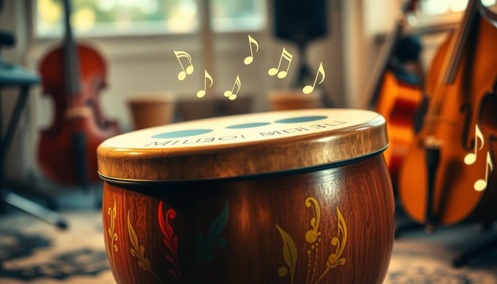 A beautifully crafted tongue drum, featuring both major and minor scales, sits prominently in the foreground. The drum has intricate designs etched into its surface, with vibrant colors representing the tones of each scale: soft blues for the minor, bright yellows and greens for the major. In the middle ground, delicate musical notes float softly around the drum, symbolizing the flowing melodies. A soft, warm light highlights the drum, creating gentle reflections and shadows that add depth. The background softly blurs into a serene indoor setting, with hints of musical instruments in muted colors, enhancing the focus on the tongue drum. The atmosphere is calm and inviting, suggesting a peaceful moment of music-making. A beautifully crafted tongue drum, featuring both major and minor scales, sits prominently in the foreground. The drum has intricate designs etched into its surface, with vibrant colors representing the tones of each scale: soft blues for the minor, bright yellows and greens for the major. In the middle ground, delicate musical notes float softly around the drum, symbolizing the flowing melodies. A soft, warm light highlights the drum, creating gentle reflections and shadows that add depth. The background softly blurs into a serene indoor setting, with hints of musical instruments in muted colors, enhancing the focus on the tongue drum. The atmosphere is calm and inviting, suggesting a peaceful moment of music-making.