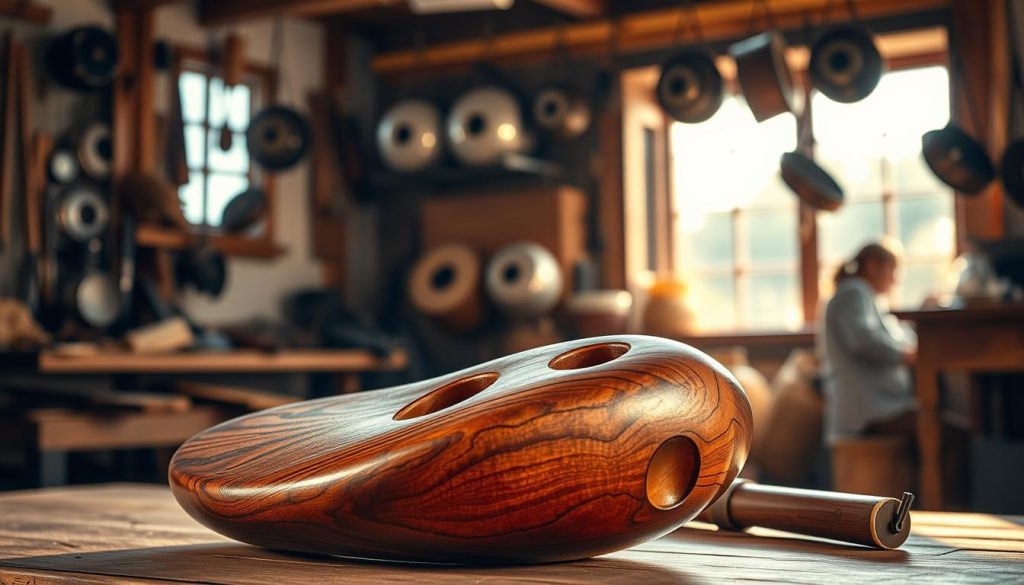 A beautifully crafted tongue drum made of rich, polished wood sits prominently in the foreground, showcasing its melodic, curved shape and meticulously cut sound holes. The drum is surrounded by soft, warm lighting that accentuates its textures and colors, evoking a sense of tranquility. In the middle ground, a softly blurred artisan’s workshop is visible, filled with tools of craftsmanship and a few hanging steeldrums, enhancing the artisanal theme. Behind, gentle sunlight filters through a window, casting delicate shadows and creating an inviting atmosphere. The overall mood is serene and inspiring, inviting the viewer to appreciate the artistry and musical potential of the tongue drum. The scene captures the essence of handcrafted musical instruments, perfect for highlighting the beauty and benefits of artisanal creations. A beautifully crafted tongue drum made of rich, polished wood sits prominently in the foreground, showcasing its melodic, curved shape and meticulously cut sound holes. The drum is surrounded by soft, warm lighting that accentuates its textures and colors, evoking a sense of tranquility. In the middle ground, a softly blurred artisan’s workshop is visible, filled with tools of craftsmanship and a few hanging steeldrums, enhancing the artisanal theme. Behind, gentle sunlight filters through a window, casting delicate shadows and creating an inviting atmosphere. The overall mood is serene and inspiring, inviting the viewer to appreciate the artistry and musical potential of the tongue drum. The scene captures the essence of handcrafted musical instruments, perfect for highlighting the beauty and benefits of artisanal creations.