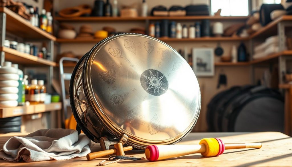 A beautifully crafted tongue drum showcased in a serene, well-lit workshop environment. The tongue drum, made of polished steel, exhibits intricate designs etched into its surface, reflecting a spectrum of colors when illuminated. In the foreground, there are various accessories for care and maintenance, such as soft cleaning cloths, a tuning hammer, and a vibrant mallet, artistically arranged around the drum. The middle ground presents shelves lined with care products like oils and protective cases, subtly out of focus to keep attention on the drum. In the background, warm natural light filters through a window, casting soft shadows, enhancing the artisanal atmosphere of craftsmanship and care. The overall mood is inviting and harmonious, reflecting the love for preserving musical instruments. A beautifully crafted tongue drum showcased in a serene, well-lit workshop environment. The tongue drum, made of polished steel, exhibits intricate designs etched into its surface, reflecting a spectrum of colors when illuminated. In the foreground, there are various accessories for care and maintenance, such as soft cleaning cloths, a tuning hammer, and a vibrant mallet, artistically arranged around the drum. The middle ground presents shelves lined with care products like oils and protective cases, subtly out of focus to keep attention on the drum. In the background, warm natural light filters through a window, casting soft shadows, enhancing the artisanal atmosphere of craftsmanship and care. The overall mood is inviting and harmonious, reflecting the love for preserving musical instruments.