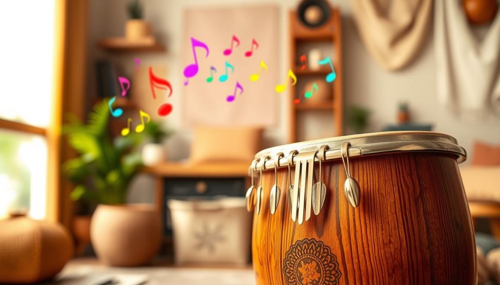A beautifully crafted tongue drum sits prominently in the foreground, showcasing its wooden surface adorned with intricate carvings. Its vibrant, metallic resonators gleam under soft, diffused lighting, highlighting the craftsmanship and inviting touch. In the middle ground, a harmonious arrangement of colorful musical notes floats lightly, suggesting the diverse range of frequencies and melodies that emerge from the drum. The background features a serene, blurred setting of a cozy musical studio, filled with soft textures like warm wood and fabric, enhancing the peaceful atmosphere. This scene captures the essence of musical creation, with warm lighting and a focus on the drum's tactile qualities, evoking a sense of tranquility and inspiration. A beautifully crafted tongue drum sits prominently in the foreground, showcasing its wooden surface adorned with intricate carvings. Its vibrant, metallic resonators gleam under soft, diffused lighting, highlighting the craftsmanship and inviting touch. In the middle ground, a harmonious arrangement of colorful musical notes floats lightly, suggesting the diverse range of frequencies and melodies that emerge from the drum. The background features a serene, blurred setting of a cozy musical studio, filled with soft textures like warm wood and fabric, enhancing the peaceful atmosphere. This scene captures the essence of musical creation, with warm lighting and a focus on the drum's tactile qualities, evoking a sense of tranquility and inspiration.