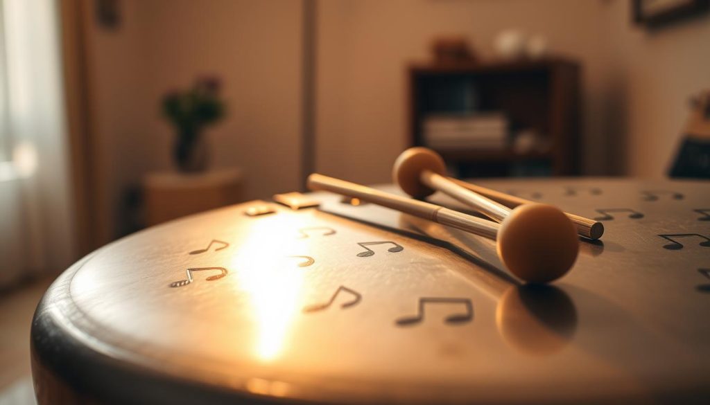 A close-up image of a tongue drum displaying its notes arranged in a diatonic scale, highlighting the unique shapes and colors of each note. The foreground features the intricate craftsmanship of the metal surface, capturing the fine details and glints of light reflecting off the polished finish. In the middle, a pair of mallets rests beside the drum, ready to play, emphasizing the musical aspect of the instrument. The background is softly blurred, suggesting a serene environment, perhaps a warm-toned studio with light streaming in, creating an inviting atmosphere. The overall mood is tranquil and artistic, showcasing the beauty of the tongue drum as a melodic instrument suitable for relaxation and meditation. A close-up image of a tongue drum displaying its notes arranged in a diatonic scale, highlighting the unique shapes and colors of each note. The foreground features the intricate craftsmanship of the metal surface, capturing the fine details and glints of light reflecting off the polished finish. In the middle, a pair of mallets rests beside the drum, ready to play, emphasizing the musical aspect of the instrument. The background is softly blurred, suggesting a serene environment, perhaps a warm-toned studio with light streaming in, creating an inviting atmosphere. The overall mood is tranquil and artistic, showcasing the beauty of the tongue drum as a melodic instrument suitable for relaxation and meditation.