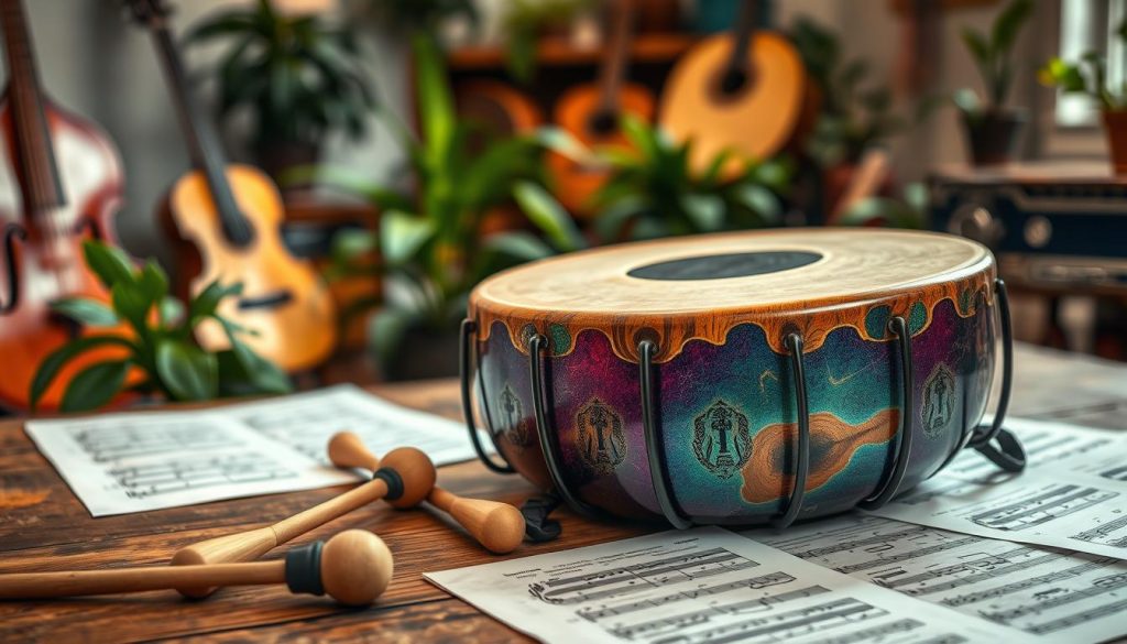 A close-up view of a beautifully crafted techniques tongue drum, showcasing its unique textures, engravings, and vibrant colors. The drum is placed on a rustic wooden table, surrounded by mallets and sheet music, hinting at lessons for beginners and experienced players alike. Soft, ambient lighting enhances the natural wood grain and metallic tones of the drum, creating a warm and inviting atmosphere. In the background, a cozy room filled with musical instruments and plants adds depth without distracting from the main subject. The scene conveys a sense of calm and creativity, perfect for showcasing the art of playing the tongue drum. A close-up view of a beautifully crafted techniques tongue drum, showcasing its unique textures, engravings, and vibrant colors. The drum is placed on a rustic wooden table, surrounded by mallets and sheet music, hinting at lessons for beginners and experienced players alike. Soft, ambient lighting enhances the natural wood grain and metallic tones of the drum, creating a warm and inviting atmosphere. In the background, a cozy room filled with musical instruments and plants adds depth without distracting from the main subject. The scene conveys a sense of calm and creativity, perfect for showcasing the art of playing the tongue drum.