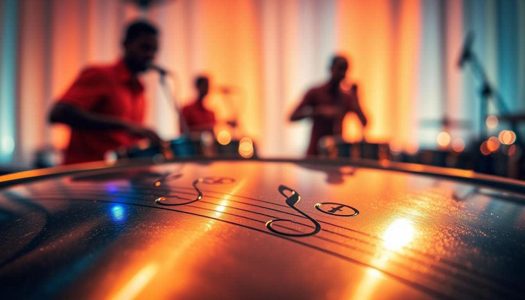 A vibrant and detailed close-up image of a set of pan ténor notes, showcasing the deep, shiny metallic surface of the steel pan. The foreground should feature the notes clearly, with each note elegantly stamped and reflecting light, highlighting their polished textures. In the middle ground, incorporate blurred silhouettes of musicians playing the steeldrum in a dynamic pose, adding a sense of motion and energy. The background should consist of soft, warm lighting reminiscent of a sunset atmosphere that enhances the musical theme, with subtle bokeh effects to create depth. The overall mood is lively and engaging, capturing the essence of rhythm and harmony associated with steel drums. A vibrant and detailed close-up image of a set of pan ténor notes, showcasing the deep, shiny metallic surface of the steel pan. The foreground should feature the notes clearly, with each note elegantly stamped and reflecting light, highlighting their polished textures. In the middle ground, incorporate blurred silhouettes of musicians playing the steeldrum in a dynamic pose, adding a sense of motion and energy. The background should consist of soft, warm lighting reminiscent of a sunset atmosphere that enhances the musical theme, with subtle bokeh effects to create depth. The overall mood is lively and engaging, capturing the essence of rhythm and harmony associated with steel drums.