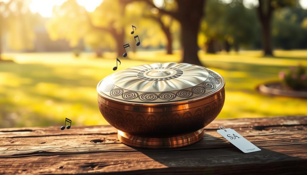 A beautifully crafted handpan tongue drum with intricate designs, prominently displayed in the foreground on a rustic wooden surface. The drum should have a polished, metallic finish that reflects soft, warm light, showcasing its different tones. In the middle ground, include subtle musical notes floating around, symbolizing the sound it produces, and a few small price tags nearby in a stylish manner, indicating variations in price. The background should feature a softly blurred outdoor setting, such as a tranquil park or garden, to evoke a peaceful atmosphere, with gentle sunlight filtering through trees. The overall mood should convey a sense of calm and artistic appreciation for the instrument, suitable for an exploration of investment in musical instruments. A beautifully crafted handpan tongue drum with intricate designs, prominently displayed in the foreground on a rustic wooden surface. The drum should have a polished, metallic finish that reflects soft, warm light, showcasing its different tones. In the middle ground, include subtle musical notes floating around, symbolizing the sound it produces, and a few small price tags nearby in a stylish manner, indicating variations in price. The background should feature a softly blurred outdoor setting, such as a tranquil park or garden, to evoke a peaceful atmosphere, with gentle sunlight filtering through trees. The overall mood should convey a sense of calm and artistic appreciation for the instrument, suitable for an exploration of investment in musical instruments.
