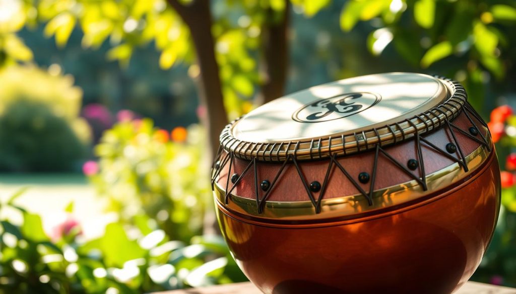 A beautifully crafted pentatonic scale tongue drum, showcasing its intricate details and rich colors. The drum is positioned prominently in the foreground, with its shiny metallic surface reflecting soft natural light, creating an inviting glow. The middle ground features a serene outdoor setting, surrounded by lush green foliage and soft, dappled sunlight filtering through the leaves, enhancing the tranquil atmosphere. In the background, a gentle blur of vibrant colors hints at a peaceful garden or forest, suggesting a harmonious connection with nature. Capture the essence of relaxation and musicality, with soft shadows that emphasize the contours of the drum. The image should evoke a sense of calm and inspiration, suitable for illustrating the concept of the pentatonic scale in music. A beautifully crafted pentatonic scale tongue drum, showcasing its intricate details and rich colors. The drum is positioned prominently in the foreground, with its shiny metallic surface reflecting soft natural light, creating an inviting glow. The middle ground features a serene outdoor setting, surrounded by lush green foliage and soft, dappled sunlight filtering through the leaves, enhancing the tranquil atmosphere. In the background, a gentle blur of vibrant colors hints at a peaceful garden or forest, suggesting a harmonious connection with nature. Capture the essence of relaxation and musicality, with soft shadows that emphasize the contours of the drum. The image should evoke a sense of calm and inspiration, suitable for illustrating the concept of the pentatonic scale in music.