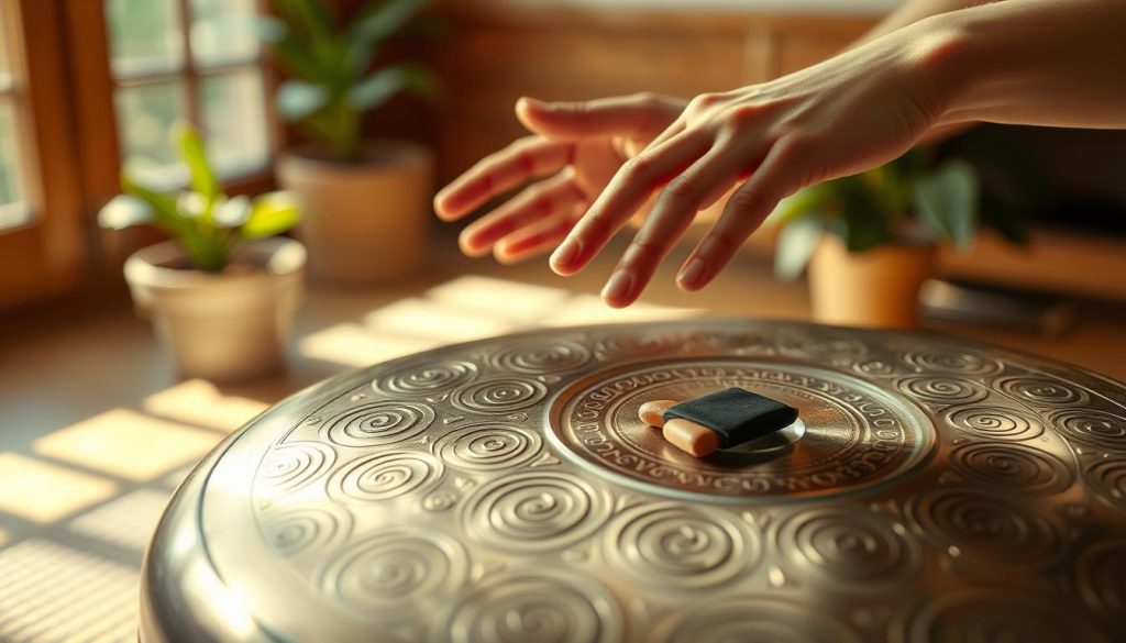 A beautifully crafted résonance tongue drum, showcasing its unique resonant surfaces and precision-cut notes. The drum should be positioned prominently in the foreground, with intricate patterns etched into its metallic texture. Soft, diffused lighting bathes the scene, creating gentle highlights and shadows that emphasize the drum's craftsmanship. In the middle ground, a pair of hands gracefully strikes the drum, fingers positioned delicately as if performing a serene melody. The background features a cozy, softly lit room with warm wooden tones, enhancing the inviting atmosphere. A hint of natural greenery can be seen through a nearby window, adding a touch of tranquility to the environment. The composition conveys a sense of harmony and peace, reflecting the soulful sound of the instrument. A beautifully crafted résonance tongue drum, showcasing its unique resonant surfaces and precision-cut notes. The drum should be positioned prominently in the foreground, with intricate patterns etched into its metallic texture. Soft, diffused lighting bathes the scene, creating gentle highlights and shadows that emphasize the drum's craftsmanship. In the middle ground, a pair of hands gracefully strikes the drum, fingers positioned delicately as if performing a serene melody. The background features a cozy, softly lit room with warm wooden tones, enhancing the inviting atmosphere. A hint of natural greenery can be seen through a nearby window, adding a touch of tranquility to the environment. The composition conveys a sense of harmony and peace, reflecting the soulful sound of the instrument.