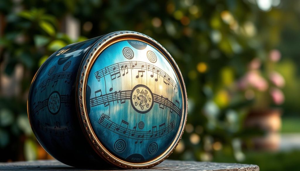 A beautifully crafted steel tongue drum sits prominently in the foreground, showcasing its unique, polished surface with vibrant colors reflecting deep blues and earthy greens. The drum is adorned with intricately engraved patterns that suggest musical scales, creating a sense of harmony. In the middle ground, soft, ambient lighting illuminates the drum from the left, casting gentle shadows that highlight its curves. The background features a serene, blurred natural setting, perhaps an outdoor garden, adding to the peaceful mood of the scene. The atmosphere conveys tranquility and artistic expression, inviting the viewer to explore the differences between major and minor tonalities through the drum's design. The image should be captured with a shallow depth of field, ensuring the focus remains sharply on the steel tongue drum, with a bokeh effect in the background. A beautifully crafted steel tongue drum sits prominently in the foreground, showcasing its unique, polished surface with vibrant colors reflecting deep blues and earthy greens. The drum is adorned with intricately engraved patterns that suggest musical scales, creating a sense of harmony. In the middle ground, soft, ambient lighting illuminates the drum from the left, casting gentle shadows that highlight its curves. The background features a serene, blurred natural setting, perhaps an outdoor garden, adding to the peaceful mood of the scene. The atmosphere conveys tranquility and artistic expression, inviting the viewer to explore the differences between major and minor tonalities through the drum's design. The image should be captured with a shallow depth of field, ensuring the focus remains sharply on the steel tongue drum, with a bokeh effect in the background.