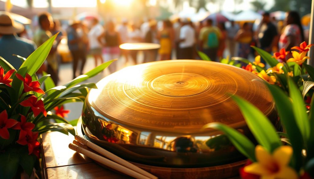 A beautifully crafted steelpan sits prominently in the foreground, showcasing its gleaming surface reflecting soft, warm sunlight. The intricate arrangement of its notes is clearly visible, emphasizing its unique shape and craftsmanship. Surrounding the pan, tropical leaves and colorful flowers create a vibrant, natural setting, hinting at its cultural roots in Trinidad and Tobago. In the middle ground, a wooden table adds an authentic touch, with drumsticks resting nearby, inviting the viewer to imagine the music that emanates from the instrument. The background features a blurred view of a calypso festival, with hints of movement and color suggesting the lively atmosphere. The overall mood is joyful and celebratory, characterized by a warm, golden light that captures the spirit of Caribbean music. Shot with a slightly elevated angle to enhance the pan's features and depth.
