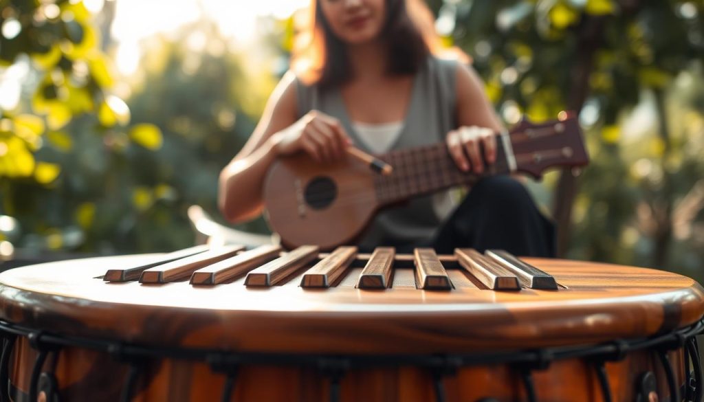 A beautifully crafted tongue drum made of smooth wood sits prominently in the foreground, showcasing its intricate design and vibrant colors. The drum's surface reflects light, highlighting its polished texture and the carefully tuned tongues that promise melodic tones. In the middle ground, a serene musician cradles the drum, dressed in casual yet elegant attire, gently playing it with mallets, creating a soothing atmosphere. Soft golden lighting bathes the scene, casting gentle shadows and adding warmth to the image. In the background, a blurred natural setting with lush greenery and hints of sunlight filtering through leaves enhances the calm and inviting mood, emphasizing the soothing sounds associated with the instrument. A beautifully crafted tongue drum made of smooth wood sits prominently in the foreground, showcasing its intricate design and vibrant colors. The drum's surface reflects light, highlighting its polished texture and the carefully tuned tongues that promise melodic tones. In the middle ground, a serene musician cradles the drum, dressed in casual yet elegant attire, gently playing it with mallets, creating a soothing atmosphere. Soft golden lighting bathes the scene, casting gentle shadows and adding warmth to the image. In the background, a blurred natural setting with lush greenery and hints of sunlight filtering through leaves enhances the calm and inviting mood, emphasizing the soothing sounds associated with the instrument.