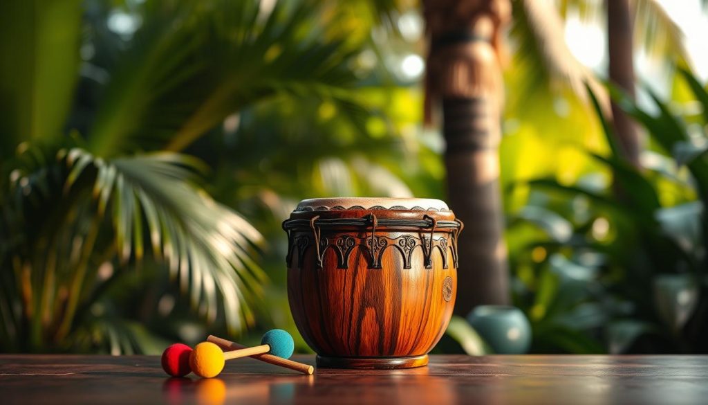 A beautifully crafted tongue drum sits prominently in the foreground, showcasing its polished wooden surface with intricate carvings and vibrant colors. The drum is played with colorful mallets, artistically positioned beside it. In the middle ground, soft, ambient lighting accentuates the curves and textures of the drum, casting gentle shadows that enhance its craftsmanship. The background features a blurred tropical setting, filled with lush greenery, evoking a serene and peaceful atmosphere. The overall mood of the image is calming and harmonious, inviting viewers to connect with the soothing sounds of the drum. Capture the scene with a slight overhead angle to provide a clear view of the drum's captivating design, ensuring a warm and inviting light bathes the entire setting without any text or watermarks. A beautifully crafted tongue drum sits prominently in the foreground, showcasing its polished wooden surface with intricate carvings and vibrant colors. The drum is played with colorful mallets, artistically positioned beside it. In the middle ground, soft, ambient lighting accentuates the curves and textures of the drum, casting gentle shadows that enhance its craftsmanship. The background features a blurred tropical setting, filled with lush greenery, evoking a serene and peaceful atmosphere. The overall mood of the image is calming and harmonious, inviting viewers to connect with the soothing sounds of the drum. Capture the scene with a slight overhead angle to provide a clear view of the drum's captivating design, ensuring a warm and inviting light bathes the entire setting without any text or watermarks.