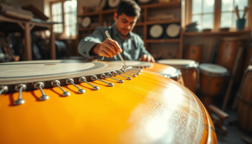 A close-up view of a beautifully designed tongue drum, showcasing its curved surface and vibrant tones. The foreground features the strikingly crafted instrument with visible steel tongues, reflecting sunlight in a warm, golden hue. In the middle, a skilled artisan, dressed in a professional, modest attire, gently adjusts one of the tongues using precise tools, emphasizing the delicate art of tuning. The background is softly blurred to suggest a workshop environment, filled with wooden shelves housing additional drums and tools, bathed in natural light streaming through a window. The mood is serene and focused, capturing the intricate process of tuning the drum, with a hint of artistry and craftsmanship in the air. A close-up view of a beautifully designed tongue drum, showcasing its curved surface and vibrant tones. The foreground features the strikingly crafted instrument with visible steel tongues, reflecting sunlight in a warm, golden hue. In the middle, a skilled artisan, dressed in a professional, modest attire, gently adjusts one of the tongues using precise tools, emphasizing the delicate art of tuning. The background is softly blurred to suggest a workshop environment, filled with wooden shelves housing additional drums and tools, bathed in natural light streaming through a window. The mood is serene and focused, capturing the intricate process of tuning the drum, with a hint of artistry and craftsmanship in the air.