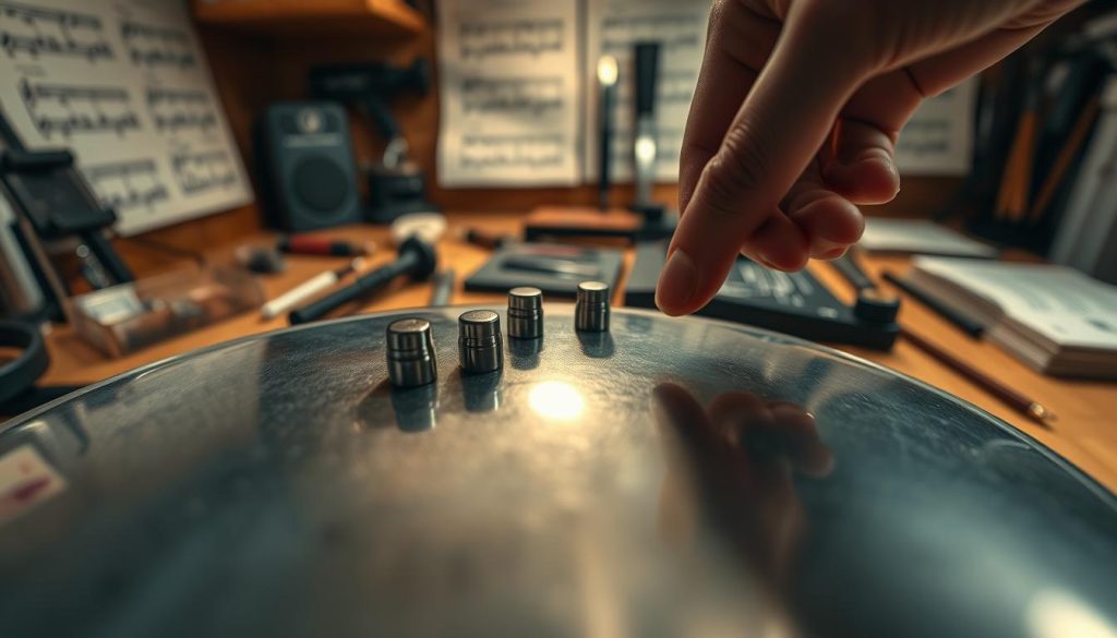 A close-up view of an aimant tongue drum, showcasing its polished metallic surface and distinctive tuning notes. The foreground features a hand delicately placing magnets on the drum's surface, illustrating the frequency adjustment process. In the middle, the drum is surrounded by a softly lit workshop setting, with tools and tuning equipment subtly arranged on a wooden workbench. The background includes blurred musical sheets and warm ambient lighting that creates an intimate, focused atmosphere. The image captures the beauty of craftsmanship and the intricate relationship between art and sound. Use a shallow depth of field to emphasize the drum and the hand, while ensuring the overall mood feels serene and engaging. A close-up view of an aimant tongue drum, showcasing its polished metallic surface and distinctive tuning notes. The foreground features a hand delicately placing magnets on the drum's surface, illustrating the frequency adjustment process. In the middle, the drum is surrounded by a softly lit workshop setting, with tools and tuning equipment subtly arranged on a wooden workbench. The background includes blurred musical sheets and warm ambient lighting that creates an intimate, focused atmosphere. The image captures the beauty of craftsmanship and the intricate relationship between art and sound. Use a shallow depth of field to emphasize the drum and the hand, while ensuring the overall mood feels serene and engaging.