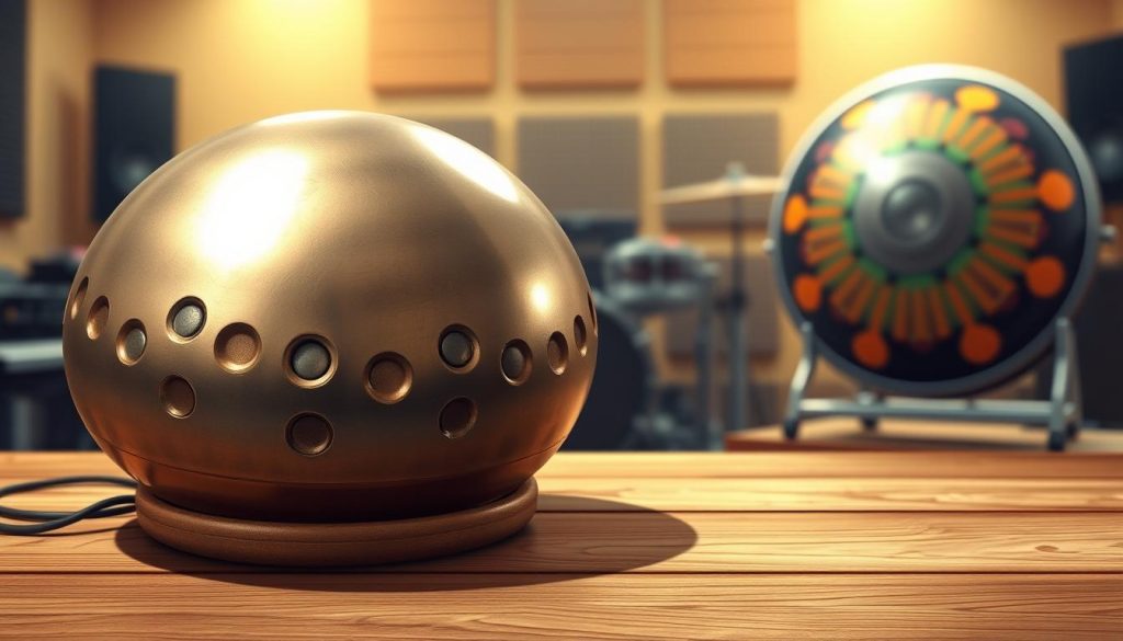 A detailed and realistic illustration of a handpan and a steel drum side by side on a wooden table. The foreground features the handpan with its unique curved shape and multiple dimples, showcasing its metallic finish under soft, ambient lighting. Next to it, the steel drum should have its distinct circular form and vibrant color patterns. In the middle background, include a subtle, blurred music studio setting, hinting at musical instruments and soundproofing materials. Use a shallow depth of field to focus on the instruments while softening the environment. The overall mood should be warm and inviting, suggesting a creative atmosphere, ideal for musicians and enthusiasts. The lighting should highlight the texture of the instruments, creating a sense of depth and dimension. A detailed and realistic illustration of a handpan and a steel drum side by side on a wooden table. The foreground features the handpan with its unique curved shape and multiple dimples, showcasing its metallic finish under soft, ambient lighting. Next to it, the steel drum should have its distinct circular form and vibrant color patterns. In the middle background, include a subtle, blurred music studio setting, hinting at musical instruments and soundproofing materials. Use a shallow depth of field to focus on the instruments while softening the environment. The overall mood should be warm and inviting, suggesting a creative atmosphere, ideal for musicians and enthusiasts. The lighting should highlight the texture of the instruments, creating a sense of depth and dimension.