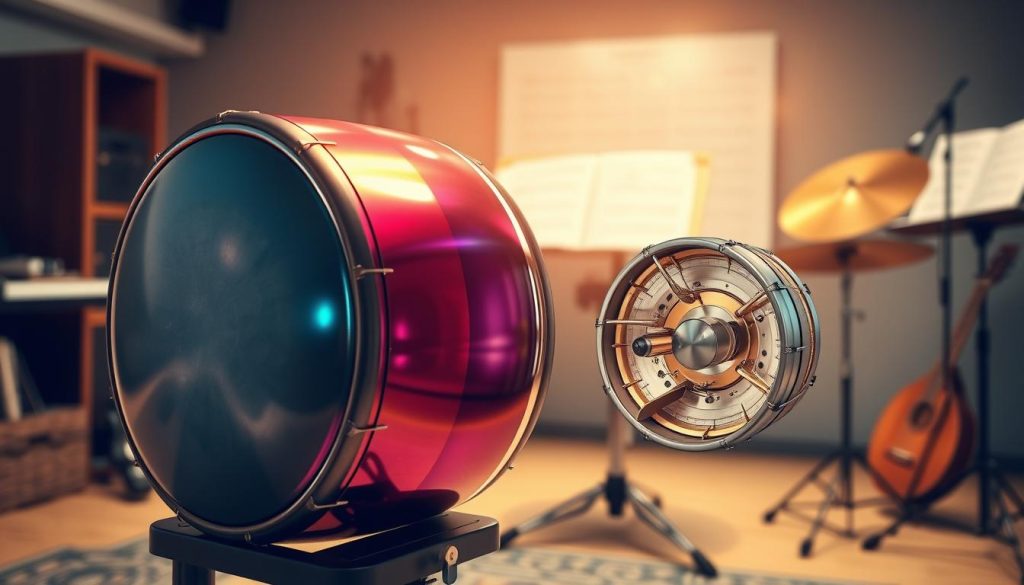 A detailed illustration of a steeldrum pan showcasing its anatomy and tessitura. In the foreground, highlight the unique convex shape and the arrangement of the notes, emphasizing the vibrant, colorful metal surface reflecting light. In the middle ground, include a detailed cross-section view displaying internal components like the resonator and framework, illuminated by warm, natural light to create a rich texture. The background features a softly blurred setting of a music studio with instruments and sheet music, enhancing the atmosphere. Use a shallow depth of field to draw attention to the pan while maintaining a professional, serene mood. The image should be well-lit, with a focus on the craftsmanship of the steeldrum, highlighting its artistic and musical significance.