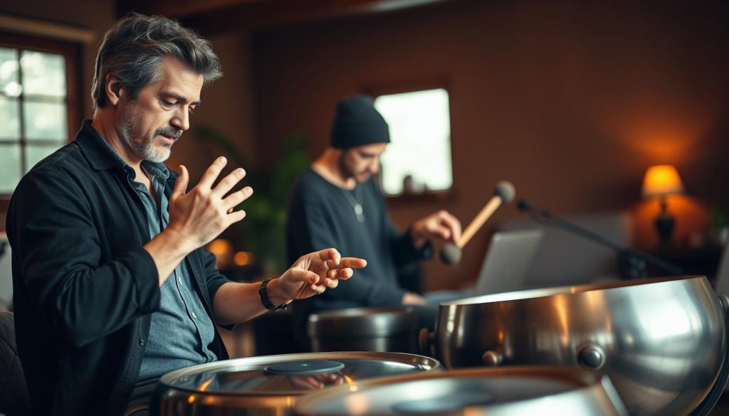 A serene indoor setting showcasing two musicians playing different tongue drums, focused on their techniques. In the foreground, one player, dressed in casual yet stylish clothing, demonstrates finger tapping on a beautifully crafted tongue drum made of steel, emitting a warm, melodic sound. In the middle, another musician gently strikes a handpan with mallets, creating rich resonant tones, both players immersed in their craft. The background softly blurs with warm ambient lighting, highlighting the musicians and their instruments while creating a cozy atmosphere. A subtle gradient of natural light filters through a nearby window, casting soft shadows and enhancing the textures of the instruments. The overall mood is calm and reflective, inviting the viewer to appreciate the art of sound. A serene indoor setting showcasing two musicians playing different tongue drums, focused on their techniques. In the foreground, one player, dressed in casual yet stylish clothing, demonstrates finger tapping on a beautifully crafted tongue drum made of steel, emitting a warm, melodic sound. In the middle, another musician gently strikes a handpan with mallets, creating rich resonant tones, both players immersed in their craft. The background softly blurs with warm ambient lighting, highlighting the musicians and their instruments while creating a cozy atmosphere. A subtle gradient of natural light filters through a nearby window, casting soft shadows and enhancing the textures of the instruments. The overall mood is calm and reflective, inviting the viewer to appreciate the art of sound.