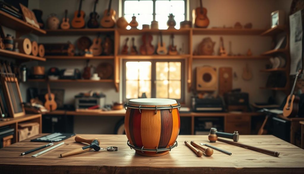 A spacious, well-lit workspace designed for preparing a tongue drum. In the foreground, a beautifully crafted tongue drum sits prominently on a wooden workbench, its vibrant colors contrasting with the natural wood. Surrounding it are various tools, such as tuning hammers and measuring tools, arranged neatly. In the middle ground, a soft, warm light filters through a large window, casting gentle shadows and highlighting the textures of the drum. In the background, shelves filled with musical instruments and tuning guides add depth, creating a cozy atmosphere that encourages creativity and focus. The mood is serene and inviting, ideal for musical preparation. The angle is slightly elevated, showcasing the workspace layout while maintaining a clear view of the tongue drum. A spacious, well-lit workspace designed for preparing a tongue drum. In the foreground, a beautifully crafted tongue drum sits prominently on a wooden workbench, its vibrant colors contrasting with the natural wood. Surrounding it are various tools, such as tuning hammers and measuring tools, arranged neatly. In the middle ground, a soft, warm light filters through a large window, casting gentle shadows and highlighting the textures of the drum. In the background, shelves filled with musical instruments and tuning guides add depth, creating a cozy atmosphere that encourages creativity and focus. The mood is serene and inviting, ideal for musical preparation. The angle is slightly elevated, showcasing the workspace layout while maintaining a clear view of the tongue drum.