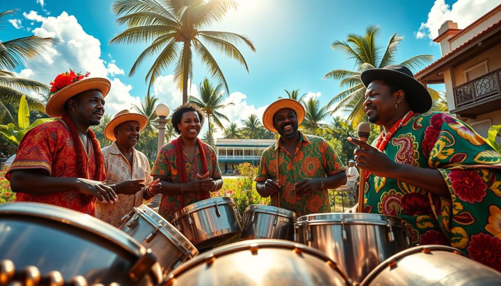 A vibrant, historical scene depicting the roots of Caribbean culture. In the foreground, a group of Caribbean musicians, dressed in colorful, traditional attire, gather around steel drums, playing in harmony. Their expressions convey passion and creativity. The middle ground features a lush tropical landscape, with palm trees, vibrant flowers, and hints of colonial architecture. In the background, a bright blue sky filled with sunlight illuminates the scene, casting warm rays on the musicians and their instruments. The atmosphere is lively and festive, inviting viewers to immerse themselves in the rich cultural heritage of the Caribbean. Shot at a slightly low angle to emphasize the musicians and their environment, with soft focus on the background to draw attention to the musicians in the foreground.