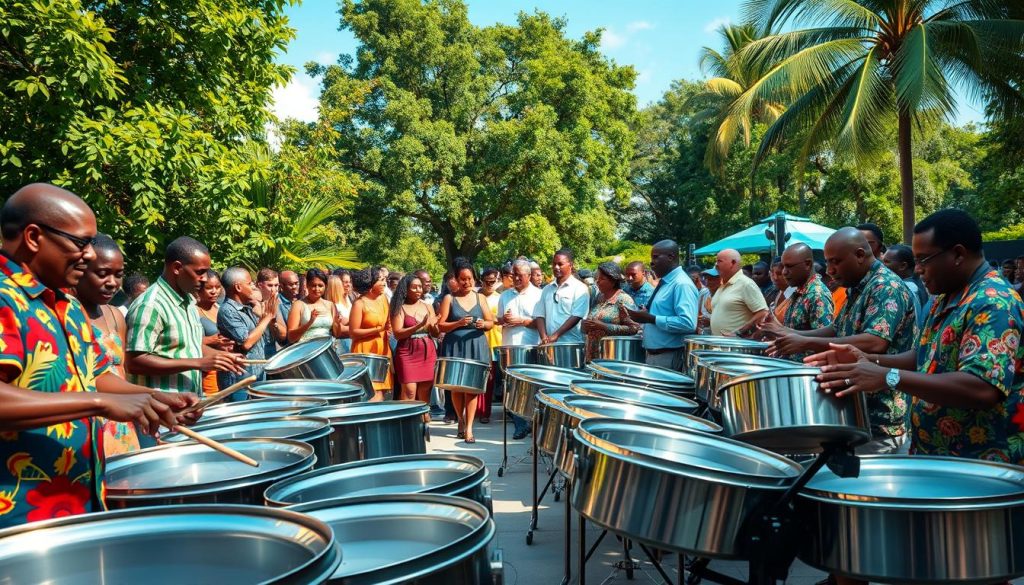 A vibrant outdoor scene featuring multiple steelbands in performance. In the foreground, a diverse group of musicians expertly playing various sizes of steel drums, dressed in colorful, professional attire. The middle ground showcases a lively crowd of enthusiastic listeners, clapping and swaying to the rhythm, with a few people dancing. The background includes lush green trees and a bright, blue sky, suggesting a sunny day. Soft, warm lighting adds a festive atmosphere, while the angle captures the dynamic interplay of musicianship and audience engagement. The overall mood is joyful and celebratory, encapsulating the essence of the different families of steelbands.