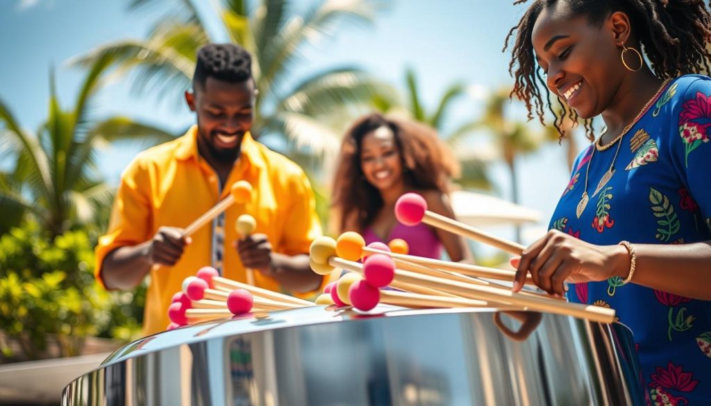 A vibrant scene showcasing skilled musicians using mallets on a pan steeldrum. In the foreground, two diverse musicians, one male and one female, are focused on playing the instrument. They wear bright, professional attire and express concentration and joy. The middle ground features a beautifully crafted steeldrum, reflecting sunlight with its shiny surface, surrounded by an array of mallets in various colors and sizes, emphasizing technique. In the background, a softly blurred outdoor setting showcases lush greenery and a clear blue sky, enhancing a lively atmosphere. The lighting is warm and inviting, reminiscent of a sunny afternoon, creating a cheerful and dynamic mood. The angle is slightly elevated, capturing both the musicians' engagement and the details of the instrument.