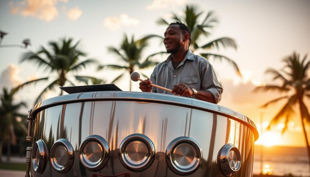 A vibrant steelpan instrument sits prominently in the foreground, showcasing its shiny, metallic surface and distinct circular shapes, reflecting sunlight. The middle layer features a musician, dressed in casual but professional attire, skillfully playing the steelpan with mallets, exuding passion and focus. In the background, a tropical landscape with palm trees and a soft sunset sky enhances the Caribbean atmosphere, creating a juxtaposition between traditional roots and modern musical expression. The lighting is warm and inviting, casting gentle shadows and highlights that emphasize the instrument's craftsmanship. The scene conveys a lively and rich cultural experience, embodying the evolution of music through the intersection of tradition and modernity.