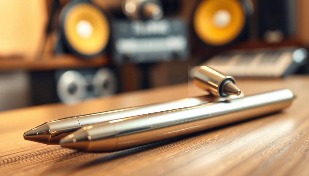 A balanced composition focusing on two exquisite steeldrum baguettes, elegantly resting on a sturdy wooden surface. The foreground features the baguettes, highlighting their sleek metallic finish and unique length, reflecting the importance of precision in performance. In the middle ground, gently blurred, there are detailed close-ups of their tips, showcasing intricate craftsmanship and slight variations that affect sound quality. The background is softly illuminated with warm, diffused light, creating a calm and professional atmosphere, reminiscent of a well-equipped music studio. The image is captured from a low angle to emphasize the baguettes' prominence, with an emphasis on clarity and detail to enhance the technical aspects important for optimal performance.