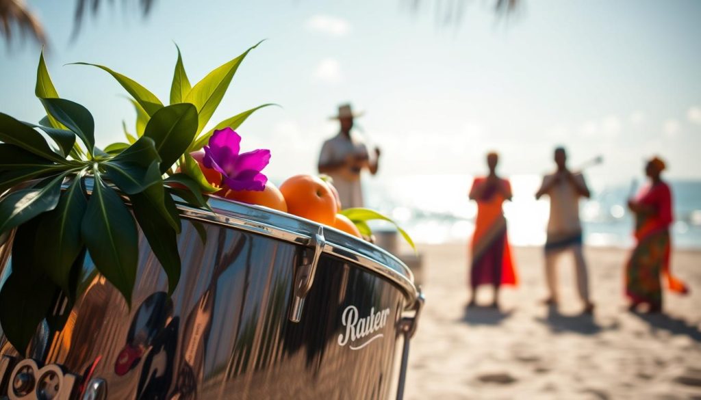 A beautifully crafted steeldrum, showcasing its intricate, glossy surface with reflective metal and vibrant colors, placed prominently in the foreground. The drum partially filled with tropical foliage and fruits, hinting at its Caribbean roots. In the middle ground, soft natural lighting bathes the scene, creating a warm ambiance, with a blurred background featuring a serene beach setting under a bright blue sky. A few traditional musicians dressed in colorful, modest attire can be seen playing in the distance, their silhouettes gently swaying to the rhythm of the music, evoking a sense of cultural heritage and celebration. The composition captures the essence of the steeldrum's origins and evolution, emphasizing its link to both tradition and innovation, while maintaining a harmonious and inviting atmosphere. A beautifully crafted steeldrum, showcasing its intricate, glossy surface with reflective metal and vibrant colors, placed prominently in the foreground. The drum partially filled with tropical foliage and fruits, hinting at its Caribbean roots. In the middle ground, soft natural lighting bathes the scene, creating a warm ambiance, with a blurred background featuring a serene beach setting under a bright blue sky. A few traditional musicians dressed in colorful, modest attire can be seen playing in the distance, their silhouettes gently swaying to the rhythm of the music, evoking a sense of cultural heritage and celebration. The composition captures the essence of the steeldrum's origins and evolution, emphasizing its link to both tradition and innovation, while maintaining a harmonious and inviting atmosphere.