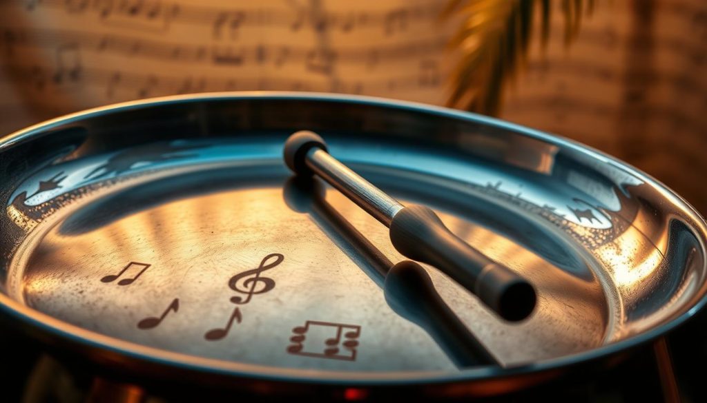 A close-up view of a beautifully crafted steel pan, showcasing its intricate design and polished surface, reflecting ambient light. The foreground features the pan, with its vibrant notes and bowl shape clearly visible, highlighting the craftsmanship. In the middle, place a mallet resting beside the steel pan, emphasizing its use in music. The background should subtly blend musical notes and soft textures reminiscent of a beach setting, creating a relaxed, tropical atmosphere. The lighting should be warm and inviting, casting gentle reflections on the metal surface. The overall mood is serene and artistic, embodying the technical aspects and appeal of the steeldrum. A close-up view of a beautifully crafted steel pan, showcasing its intricate design and polished surface, reflecting ambient light. The foreground features the pan, with its vibrant notes and bowl shape clearly visible, highlighting the craftsmanship. In the middle, place a mallet resting beside the steel pan, emphasizing its use in music. The background should subtly blend musical notes and soft textures reminiscent of a beach setting, creating a relaxed, tropical atmosphere. The lighting should be warm and inviting, casting gentle reflections on the metal surface. The overall mood is serene and artistic, embodying the technical aspects and appeal of the steeldrum.