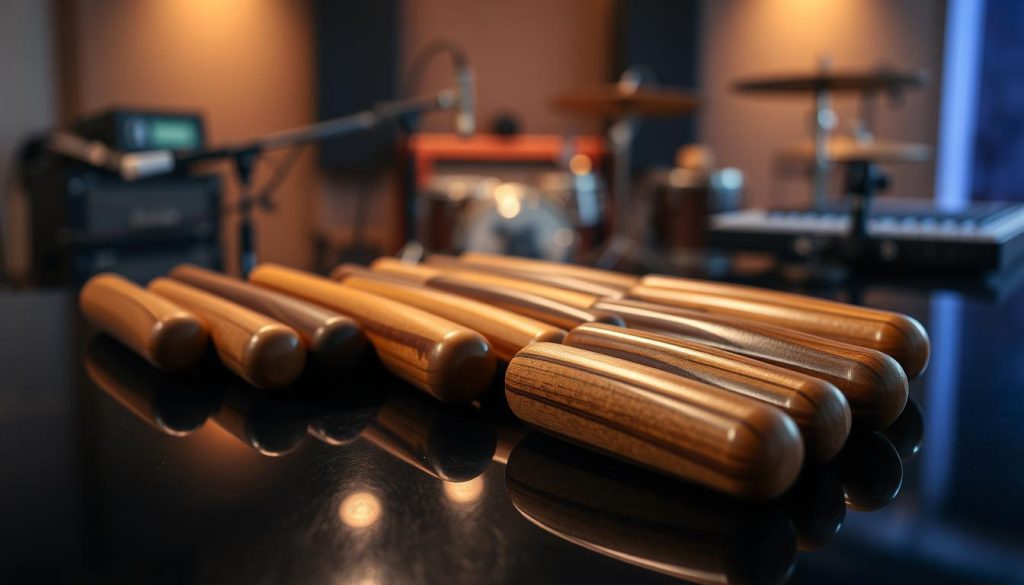 A collection of finely crafted steeldrum baguettes made from polished wood, elegantly arranged on a dark, reflective surface. The foreground showcases the baguettes, highlighting their intricate details and the smooth, natural grain of the wood, with soft light glinting off their surfaces to create a warm glow. In the middle ground, a subtle gradient transition softens the focus, drawing the eye to the baguettes while maintaining an inviting atmosphere. The background is softly blurred, featuring an abstract hint of a music studio environment—dimly lit with hints of musical instruments and sound equipment, suggesting a creative and artistic setting. The overall mood is serene and professional, evoking the craftsmanship and artistry of choosing the right steeldrum baguettes.