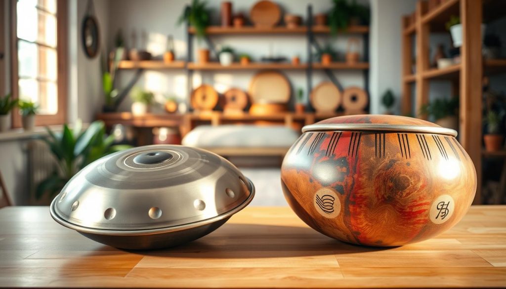 A handpan and a tongue drum prominently displayed in the foreground on a wooden table, showcasing their unique shapes and textures. The handpan, with its gleaming metallic surface and curved dimples, contrasts with the tongue drum’s colorful surface and incised notes. Soft, warm lighting from a nearby window casts gentle shadows, enhancing the instruments' intricate details. In the middle ground, an inviting room filled with natural wood decor creates a cozy atmosphere, with potted plants adding touches of greenery. The background features blurred shelves with various percussion instruments, reinforcing the theme of comparison. The overall mood is serene and inviting, perfect for music enthusiasts. A handpan and a tongue drum prominently displayed in the foreground on a wooden table, showcasing their unique shapes and textures. The handpan, with its gleaming metallic surface and curved dimples, contrasts with the tongue drum’s colorful surface and incised notes. Soft, warm lighting from a nearby window casts gentle shadows, enhancing the instruments' intricate details. In the middle ground, an inviting room filled with natural wood decor creates a cozy atmosphere, with potted plants adding touches of greenery. The background features blurred shelves with various percussion instruments, reinforcing the theme of comparison. The overall mood is serene and inviting, perfect for music enthusiasts.