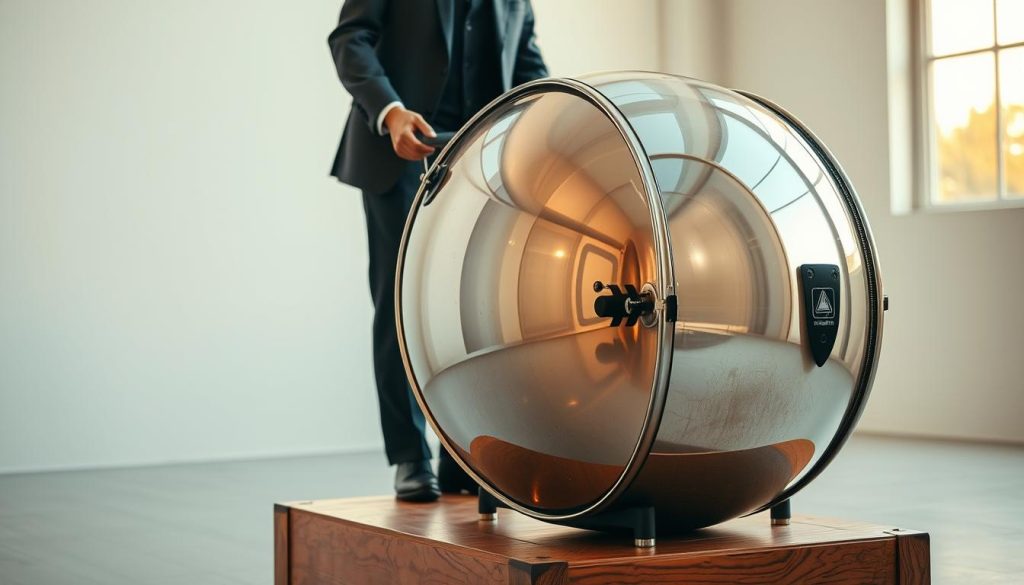 A polished steeldrum placed on a sturdy wooden platform in the foreground, reflecting its metallic texture under soft, natural lighting. In the middle ground, a person in professional attire is gently lifting the steeldrum, demonstrating careful handling. The background features a clean, minimalist studio environment, with light-colored walls and soft shadows that create an inviting atmosphere. Include a warm, golden hour glow through a large window, enhancing the image's warmth. Focus on the craftsmanship of the steeldrum, highlighting its unique curves and vibrant colors. The overall mood should convey a sense of professionalism, care, and appreciation for the art of transport and handling musical instruments. A polished steeldrum placed on a sturdy wooden platform in the foreground, reflecting its metallic texture under soft, natural lighting. In the middle ground, a person in professional attire is gently lifting the steeldrum, demonstrating careful handling. The background features a clean, minimalist studio environment, with light-colored walls and soft shadows that create an inviting atmosphere. Include a warm, golden hour glow through a large window, enhancing the image's warmth. Focus on the craftsmanship of the steeldrum, highlighting its unique curves and vibrant colors. The overall mood should convey a sense of professionalism, care, and appreciation for the art of transport and handling musical instruments.